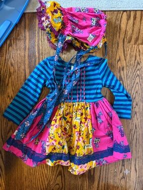 Wildflowers Pink, Yellow & Blue Floral Stripe Girls Dress with Bonnet